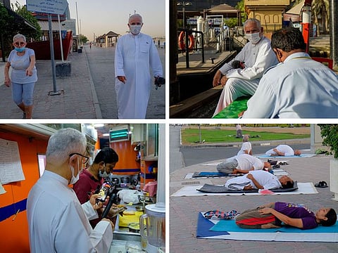 All on a morning's walk: (Clockwise) Mohammed Sultan Thani with Syrian expat Hala, abra operator Ahmed Ali Mousa, yoga instructor Madhavan and his students and Mohiudeen who runs a cafetaria