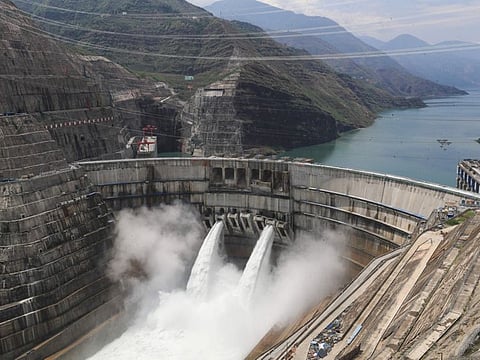 This aerial photo taken on June 26, 2021 shows the 289-metre tall Baihetan Hydropower Station in Zhaotong, in China's southwestern Yunnan province.