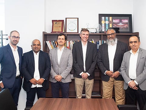 From left: Thomas Farge, Sigfox MEA; Firoz Karumannil, iWire Co-founder; Nicolas Andrieu, Sigfox EMEA EVP; Jeremy Prince, Sigfox Group CEO; Ahmed Fasih Akhtar, iWire Founder and CEO; and Vyomesh Thakkar, iWire Co-founder