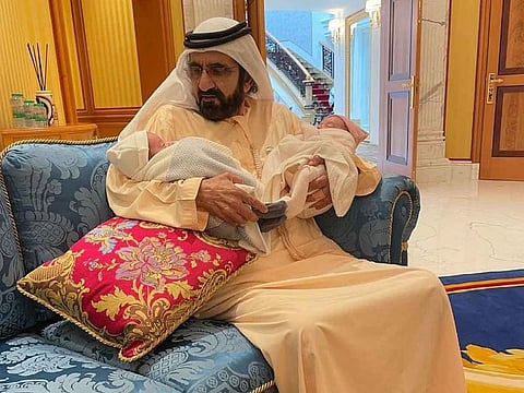 His Highness Sheikh Mohammed Bin Rashid Al Maktoum, Vice President and Prime Minister of the UAE and Ruler of Dubai, holding the children of Sheikh Hamdan Bin Mohammed Bin Rashid Al Maktoum, Crown Prince of Dubai and Chairman of the Dubai Executive Council.