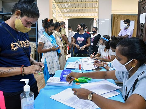 Sex workers register themselves to get a dose of the COVID-19 vaccine at Parel, in Mumbai on June 28, 2021.