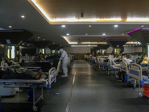 A makeshift care facility for COVID-19 patients in Delhi on April 23 2021.  A cascading series of failures, from the federal government on down, left hospitals across India without medical oxygen, killing hundreds.