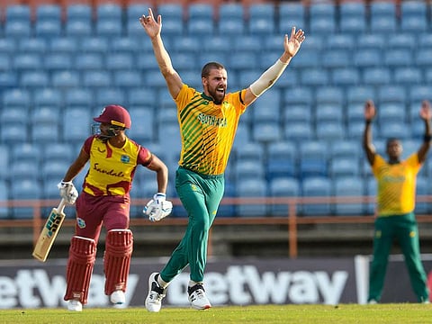 Anrich Nortje of South Africa celebrates during the win over West Indies during the 3rd T20