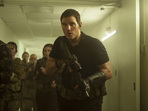 This image released by Amazon shows Chris Pratt in a scene from "The Tomorrow War."