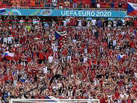 Fans celebrate during a Euro 2020 match in Puskas Arena, Budapest, Hungary on June 27, 2021 .