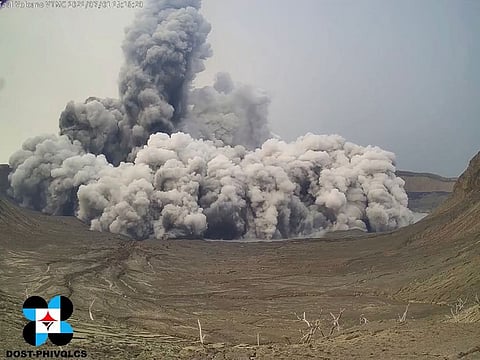 A phreatomagmatic eruption plume billows from Taal volcano, Batangas province, Philippines July 1, 2021.