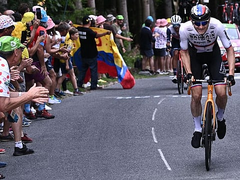 Team Bahrain's Matej Mohoric of Slovenia noses ahead during the seventh stage of the Tour de France cycling race on Friday.