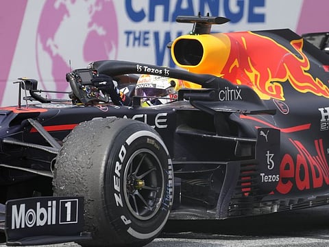 Red Bull driver Max Verstappen of the Netherlands arrives at the finish line after winning the Austrian Formula One Grand Prix at the Red Bull Ring racetrack in Spielberg, Austria.