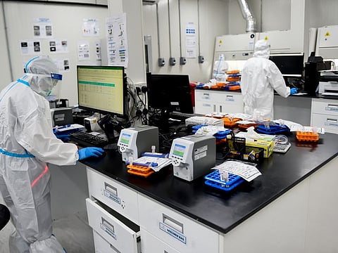 Staff working on the COVID-19 PCR and Saliva test samples at Biogenix Labs, Abu Dhabi.