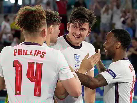 England players celebrate after thrashing Ukraine 4-0 to reach the Euro 2020 semi-finals.
