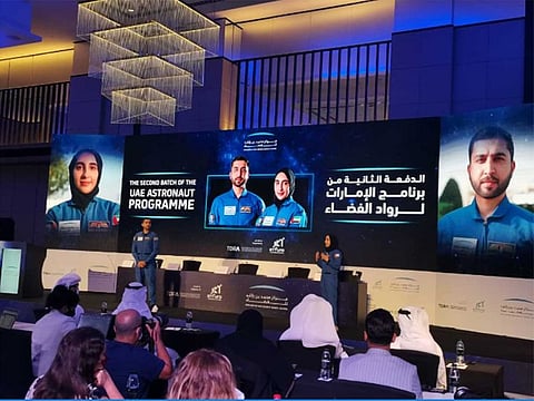 Emirati astronauts, Mohammad Al Mulla and Nora Al Matrooshi, during their first public appearance at a press conference held by Mohammed Bin Rashid Space Centre (MBRSC) in Dubai on Wednesday.