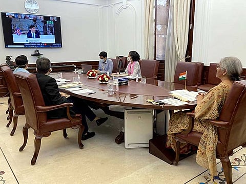 India's Union Minister for Finance and Corporate Affairs Nirmala Sitharaman virtually participates in the 2nd day of the ongoing G20 Finance Ministers and Central Bank Governors Meeting, in New Delhi on Saturday.