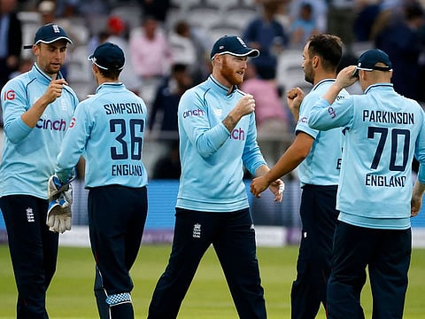 England's Ben Stokes celebrates with Lewis Gregory after victory in the second ODI over Pakistan at Lord's