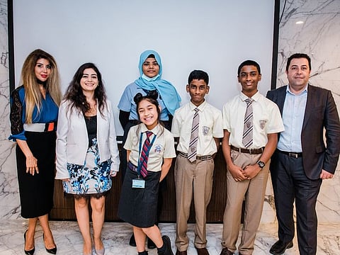 (Starting from the right) Haissam Issa (CTS), Swasaanth Selvan and Kailas Subeesh (GEMS Our Own English High School (Boys) – Sharjah), Nuzhat Mahdiyat (The Westminster School – Dubai), Keira Das (GEMS Winchester School – Dubai), Sara El Dallal (Microsoft), Mireille Khawand (CTS)