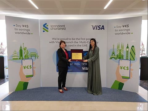 Rola Abu Manneh, CEO for Standard Chartered UAE and Dr. Saeeda Jaffar, Group General Manager for the GCC, Visa launching the Visa Multi-Currency Debit Card.