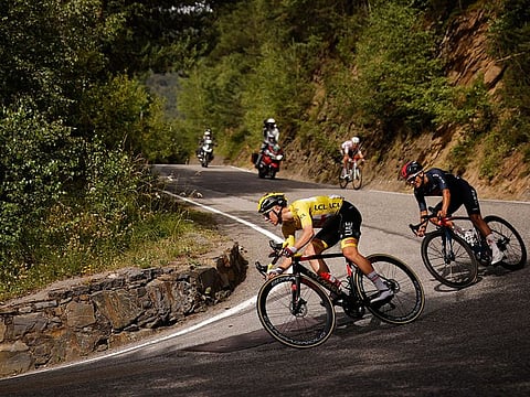 UAE Team Emirates Tour de France leader Tadej Pogacar in the yellow jersey on Stage 15