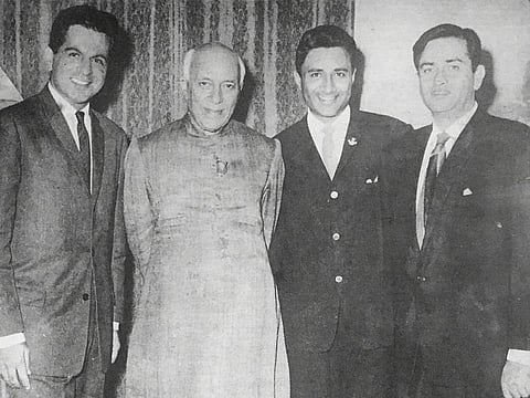 India's first Prime Minister Jawahar Lal Nehru with the troika of country's acting powerhouse Dilip Kumar, Dev Anand and Raj Kapoor