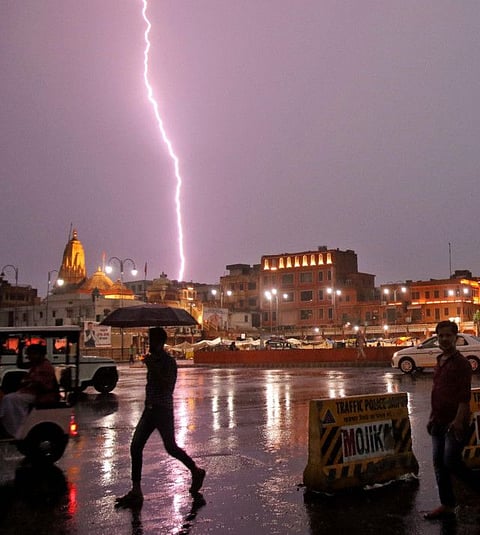 A lightning strike in Jaipur, on July 11, 2021. Media reports said about 10 other people were killed on Sunday in the desert state of Rajasthan and authorities added at least 42 died in different districts of Uttar Pradesh, India’s most populous state.