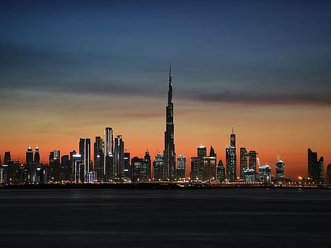A magnificent view of Dubai skyscrapers from Dubai Creek Harbour.