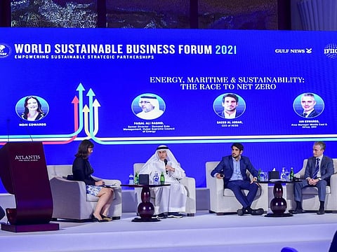 From left: Faisal Ali Rashid, senior director - Demand Side Management, Dubai Supreme Council of Energy; Saeed Al Abbar, CEO of AESG, and Ian Edwards, area manager, Middle East and Africa, DNV, during the panel discussion at World Sustainable Business Forum 2021, at Atlantis Dubai on Monday.