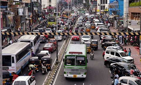 Vehicles stuck on MG Road during a COVID-19 induced lockdown, in Thiruvananthapuram on Friday.