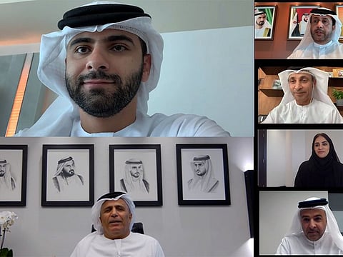 Sheikh Mansoor chairs a virtual meeting of the Board of Directors of Dubai Sports Council on Tuesday.
