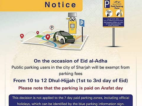 People in Sharjah will be able to avail the free parking offer from July 20 to July 22.
