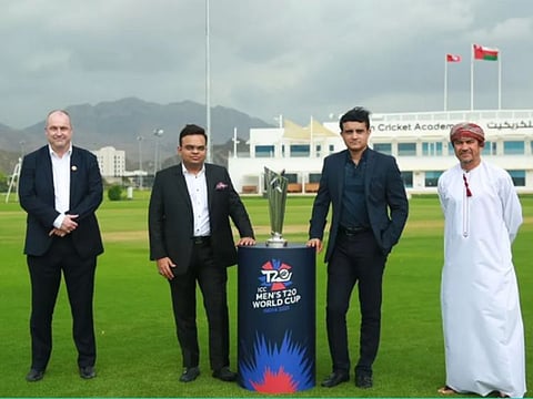 Twenty20 vision: (left) Geoff Allardice, Acting Chief Executive of ICC, Jay Shah and Sourav Ganguly, secretary and president of BCCI and Pankaj Khimji, Oman Cricket chairman pose with the T20 World Cup trophy at Muscat on Friday.