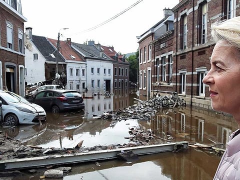 European Commission President Ursula von der Leyen visits a site affected by floods, following heavy rainfalls, in Pepinster, Belgium, July 17, 2021.