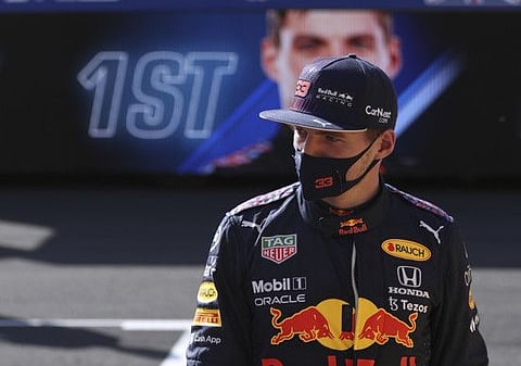 Red Bull driver Max Verstappen of the Netherlands after finishing first in the Sprint Qualifying of the British Formula One Grand Prix, at the Silverstone circuit, in Silverstone, England. The British Formula One Grand Prix will be held today.