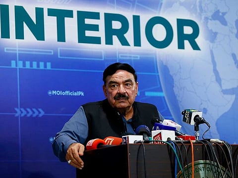 Pakistan's Interior Minister Sheikh Rashid Ahmad gives a press conference regarding the abduction of the daughter of Afghan ambassador to Pakistan, in Islamabad, Pakistan, Sunday, July 18, 2021.