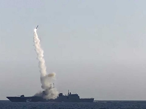 Zircon hypersonic cruise missile is fired from guided missile frigate Admiral Gorshkov in the White Sea in this still image taken from video released July 19, 2019.