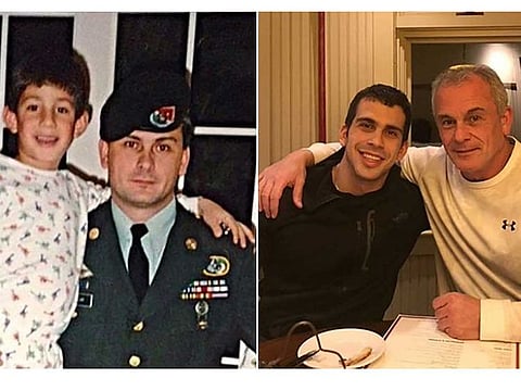 This undated combination of photos released to AFP on March 2, 2021 courtesy Rudy Michael Taylor shows his father, former US special forces member Michael Taylor (at R in both images) and his brother Peter, posing together years apart in the US. A Japan court on July 19, 2021 sentenced the US father-son duo who helped former Nissan chief Carlos Ghosn flee the country to between 20 months and two years in prison.