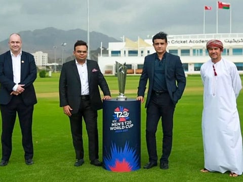Twenty20 vision: Jay Shah (second left) and Sourav Ganguly being flanked by Geoff Allardice, Acting Chief Executive of ICC and Pankaj Khimji, Chairman of Oman Cricket, at the announcement of T20 World Cup groupings in Muscat last Friday.