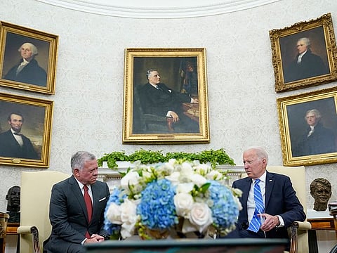US President Joe Biden, right, meets with Jordan’s King Abdullah, left, in the Oval Office of the White House in Washington, Monday, July 19, 2021.