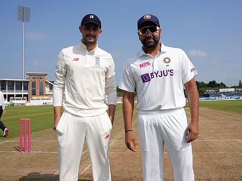 Indian skipper Rohit Sharma (right) with County XI skipper Will Rhodes with at toss before the three-day warm-up match at the Riverside in Durham on Tuesday.