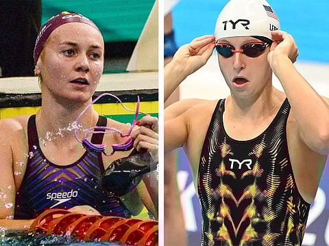 The swimming pool in Tokyo is set for an intriguing match-up between Katie Ledecky (right) and Ariarne Titmus for the mantle of best women's swimmer.