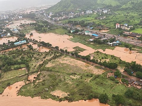 Areas inundated with flood water after heavy monsoon rains in Raigad district of Maharashtra.