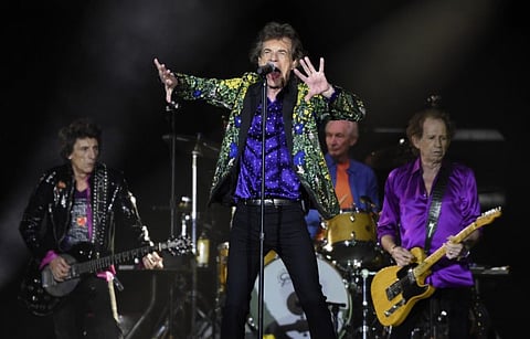 In this Aug. 22, 2019 file photo, Mick Jagger, center, performs with his Rolling Stones bandmates, from left, Ron Wood, Charlie Watts and Keith Richards during their concert at the Rose Bowl in Pasadena, Calif.