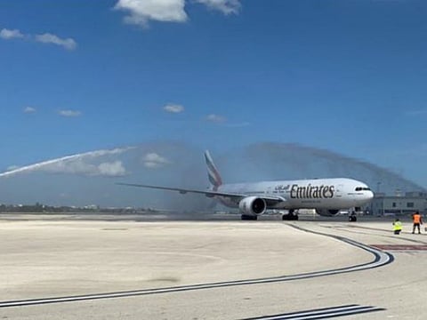 Emirates flight EK213 is welcomed by Miami International Airport with a water cannon salute.