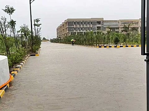 A waterlogged road in Rajanna Sircilla in Telangana on Friday, July 23, 2021.