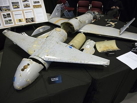 This file photo shows the remains of an Iranian Qasef-1 Unmanned Aerial Vehicle, used as a one-way attack to dive on targets and then detonating its warhead, which was fired by Yemen into Saudi Arabia.
