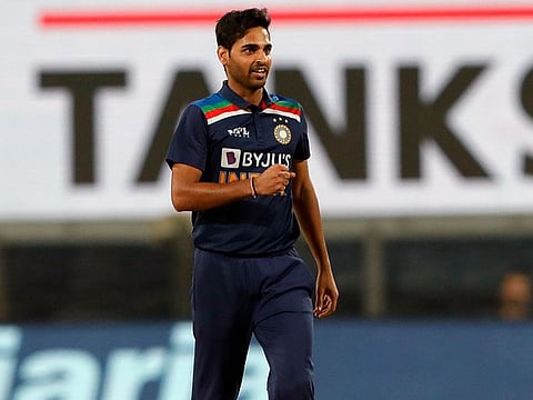 India's Bhuvneshwar Kumar celebrates the dismissal of Sri Lanka's Avishka Fernando during the T20 match between India and Sri Lanka, at R.Premadasa Stadium in Colombo on Sunday.
