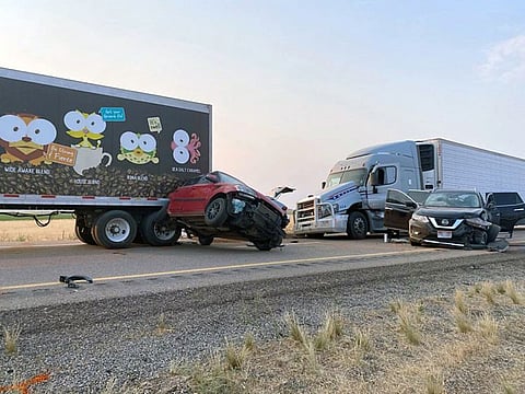 A photo provided by the Utah Highway Patrol shows the wreckage from a pileup on Interstate 15 between Salt Lake City and St. George, Utah, on Sunday afternoon.
