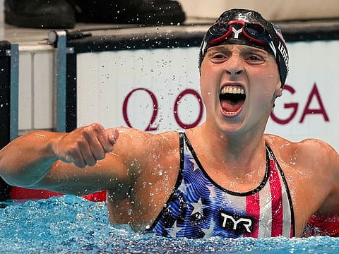 Katie Ledecky, of the United States, reacts after winning the women's 1500m freestyle