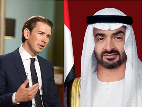 His Highness Sheikh Mohamed bin Zayed Al Nahyan, Crown Prince of Abu Dhabi and Deputy Supreme Commander of the UAE Armed Forces, and Sebastian Kurz, Federal Chancellor of the Republic of Austria
