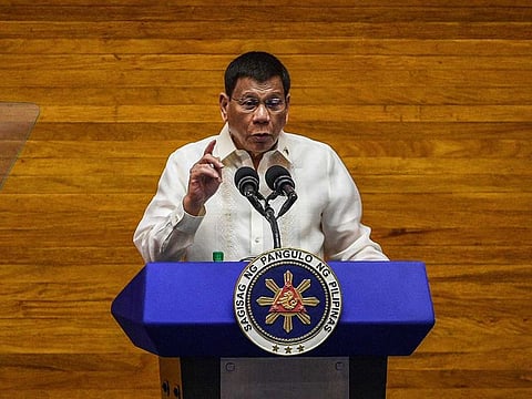 Philippine President Rodrigo Duterte speaks during the annual state of the nation address at the House of Representatives in Manila on July 26, 2021.