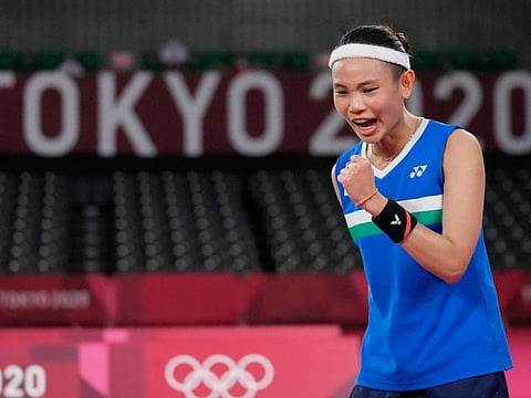 Tai Tzu-Ying of Chinese Taipei exults after a point during her one-sided win over PV Sindhu in women's semi-final.