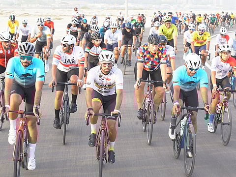 The Abu Dhabi Cycling Club (ADCC) riders on Hudayriat Island to mark Tadej Pogacar and UAE Team Emirates' Tour de France win