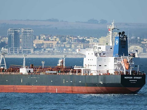 This Jan. 2, 2016 photo shows the Liberian-flagged oil tanker Mercer Street off Cape Town, South Africa. The oil tanker linked to an Israeli billionaire reportedly came under attack off the coast of Oman in the Arabian Sea, authorities said Friday, July 30, 2021.